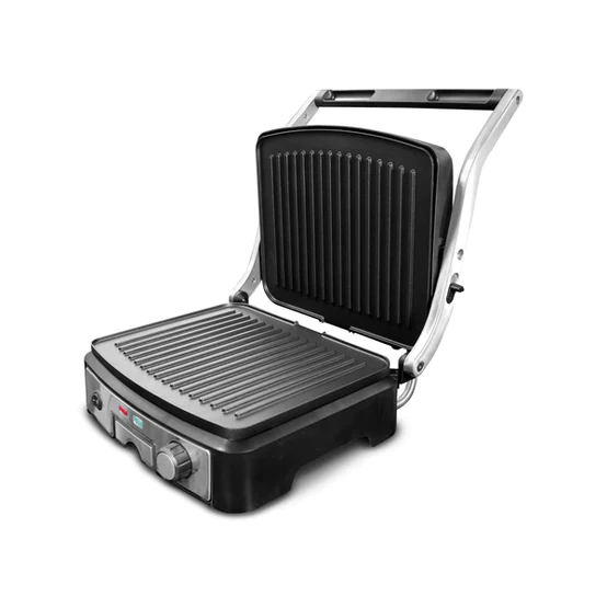 Una sandwichera Sankey Panini, modelo SW-33, con exterior de acero inoxidable, placas antiadherentes y mango aislado.